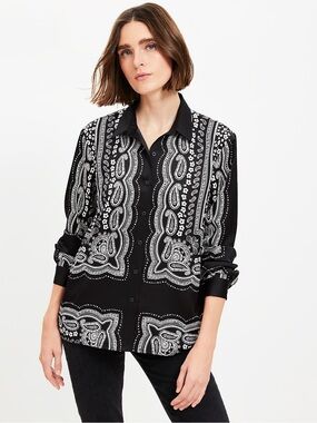 LOFT Black & White Paisley Button-Up Blouse
